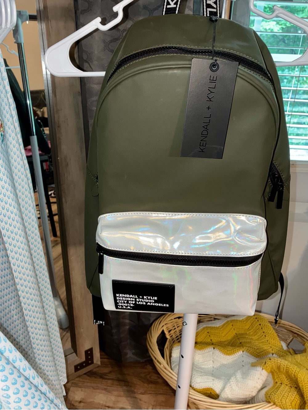 Kendall & Kylie Olive Green Backpack with Iridescent Front Pocket